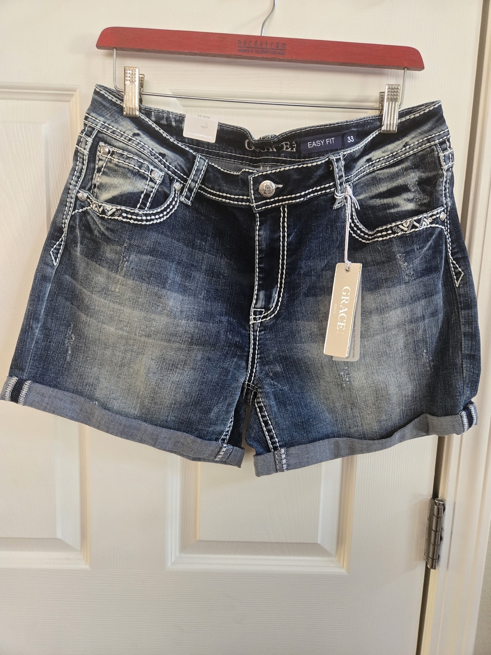 Grace Blue Washed Distressed Stretch  Denim Shorts with Rolled Hem- Size 33